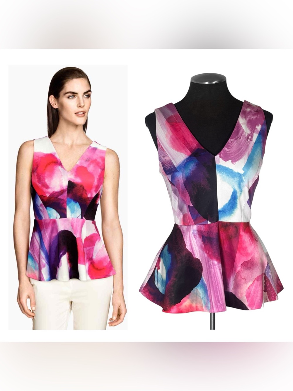 🆕 H&M – Abstract Watercolor Sleeveless Peplum Top – Medium